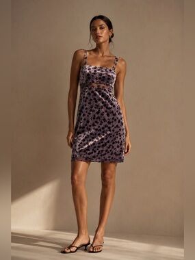J.Crew Collection Icy Blue Cherry Print Velvet Mini Dress Sheer Waist Floral. 2